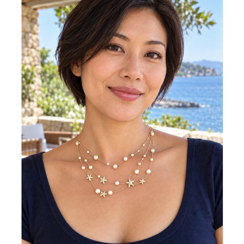 Three-Strand Starfish Illusion Necklace Cream Pearl-Like Beads Silver-Tone